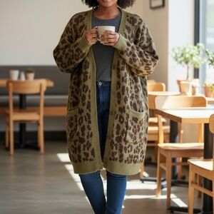 LOGO by Lori Goldstein Leopard Print Cardigan - Green and Brown